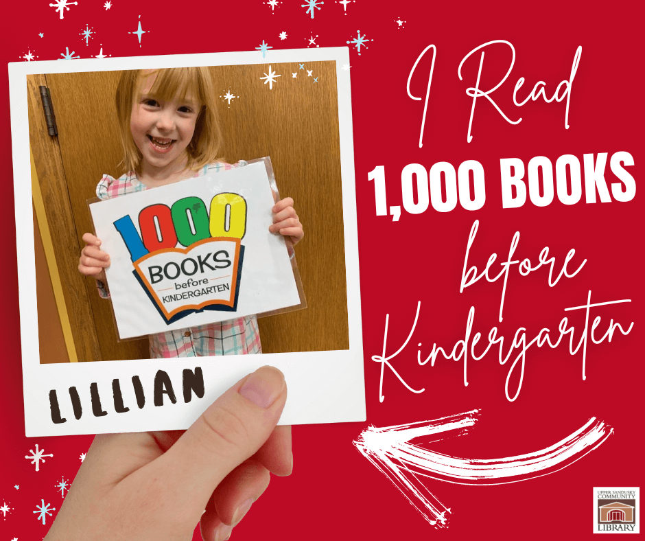 A hand holding a polaroid picture of a little girl smiling and holding a sign. The name Lillian is written on the photo. Text to the right says I read 1,000 books before kindergarten.