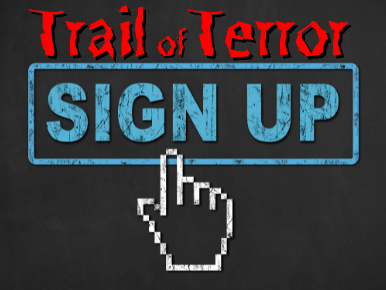 Digital hand clicking on a button that says Trail of Terror sign up. 